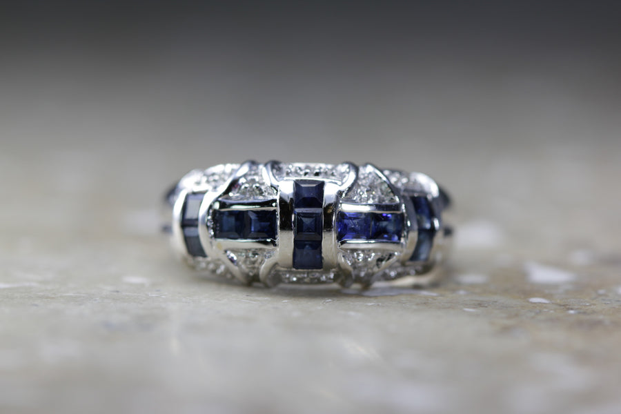 WHITE GOLD PRINCESS SAPPHIRE & DIAMOND BAND RING 1.20 CTW 14k