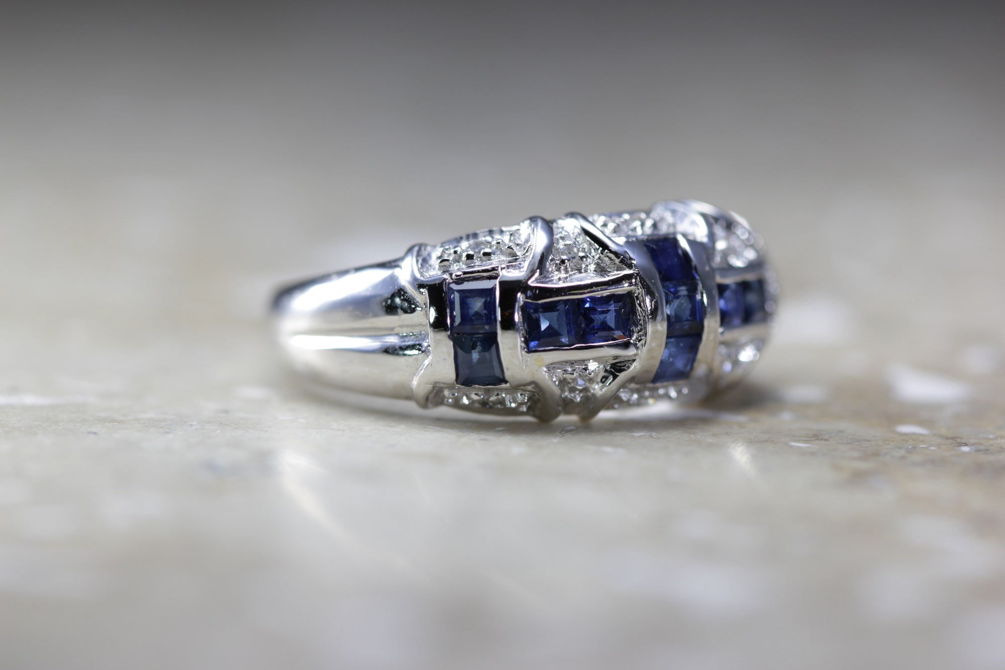 WHITE GOLD PRINCESS SAPPHIRE & DIAMOND BAND RING 1.20 CTW 14k