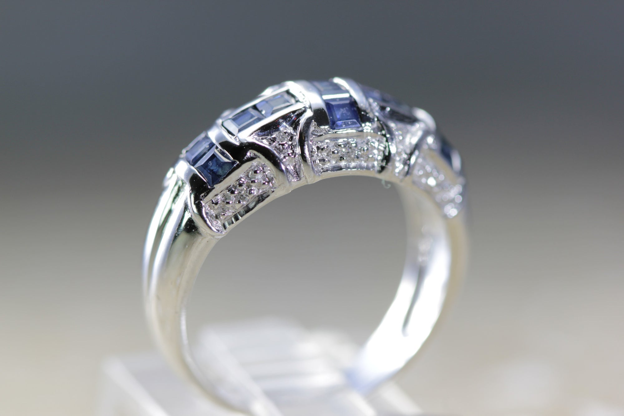 WHITE GOLD PRINCESS SAPPHIRE & DIAMOND BAND RING 1.20 CTW 14k