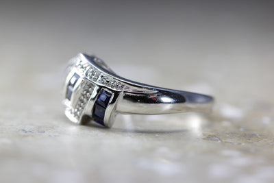 14k WHITE GOLD PRINCESS SAPPHIRE and PAVE DIAMOND BAND RING .48 CTW