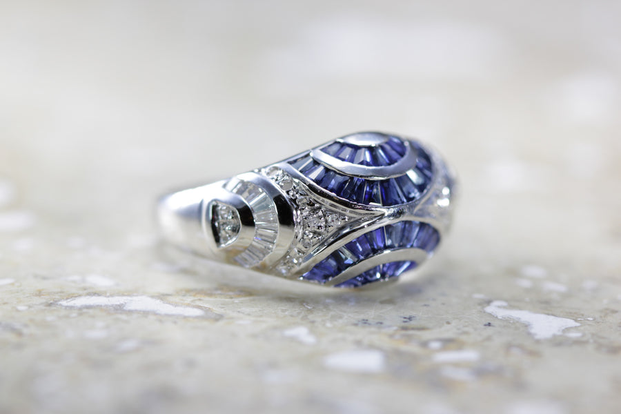 MODERN 14k WHITE GOLD BAGUETTE SAPPHIRE & DIAMOND HALF CIRCLE PAVE RING 1.35 CTW