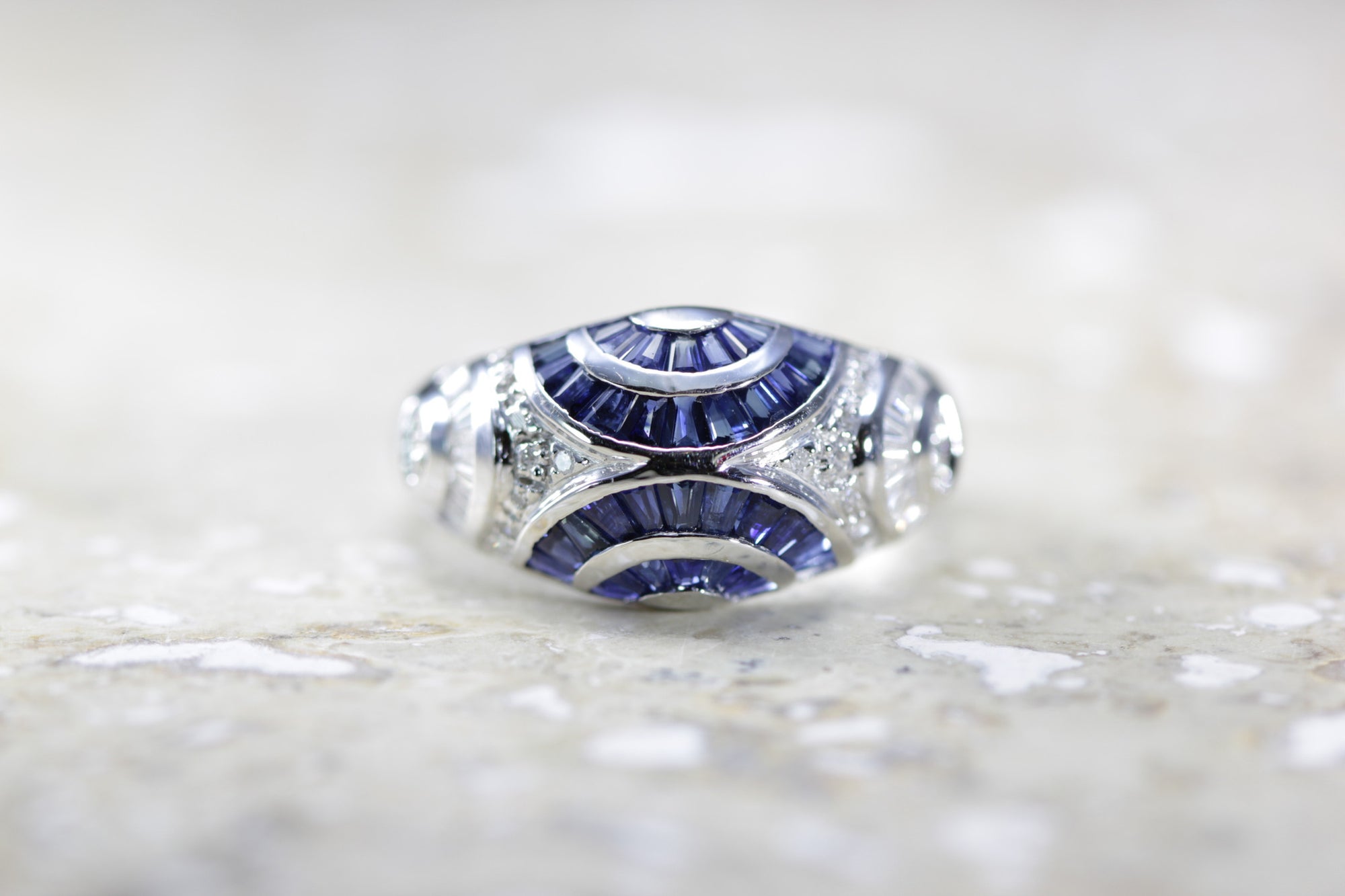 MODERN 14k WHITE GOLD BAGUETTE SAPPHIRE & DIAMOND HALF CIRCLE PAVE RING 1.35 CTW
