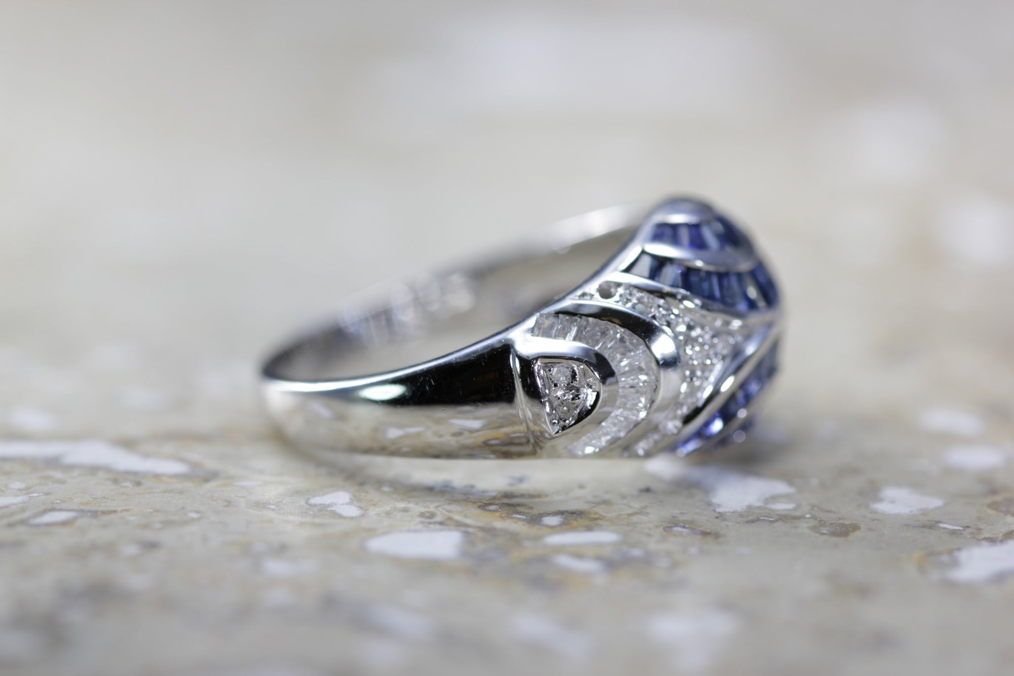 MODERN 14k WHITE GOLD BAGUETTE SAPPHIRE & DIAMOND HALF CIRCLE PAVE RING 1.35 CTW