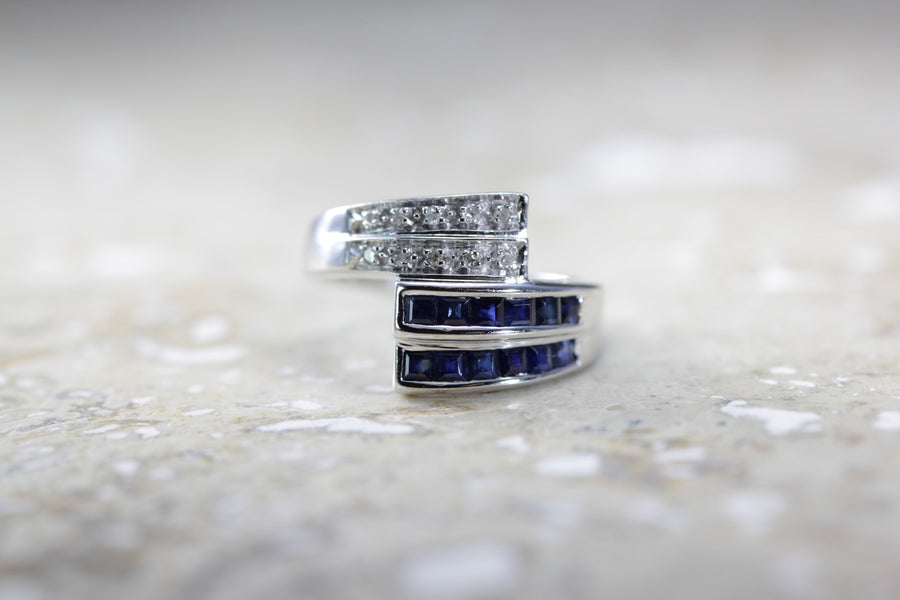 BAND 14k WHITE GOLD PRINCESS SAPPHIRE & DIAMOND RING PAVE .40 CTW