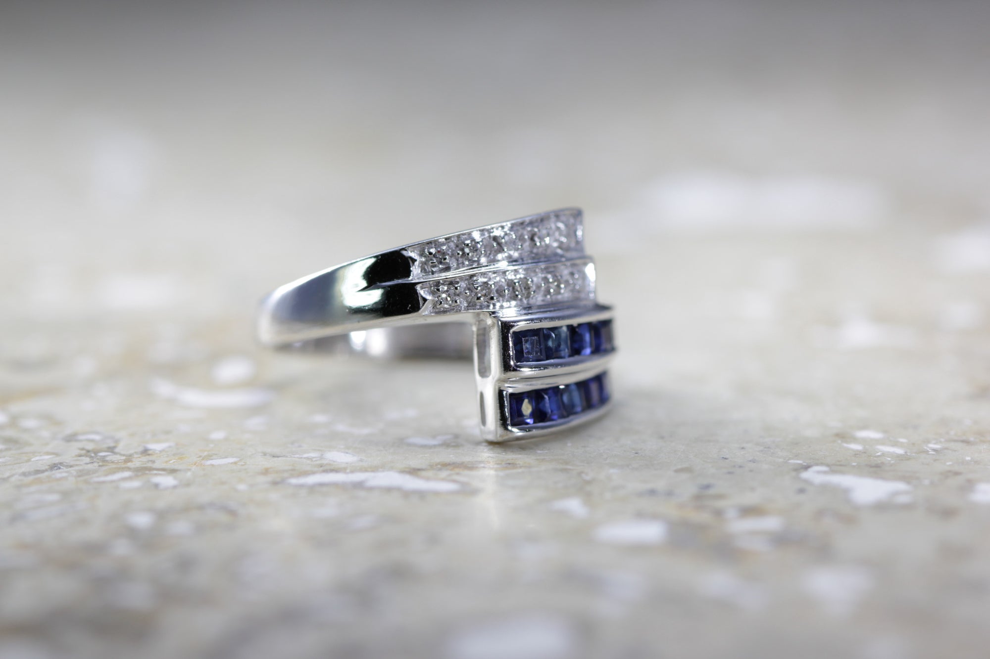 BAND 14k WHITE GOLD PRINCESS SAPPHIRE & DIAMOND RING PAVE .40 CTW