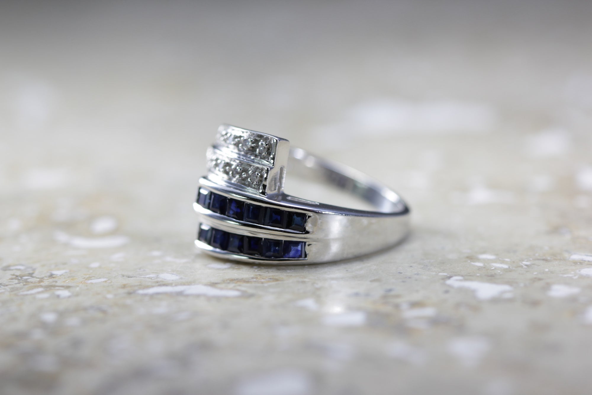 BAND 14k WHITE GOLD PRINCESS SAPPHIRE & DIAMOND RING PAVE .40 CTW