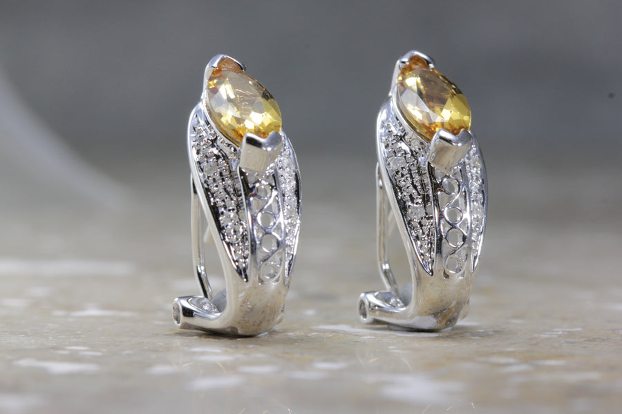 WHITE GOLD LADYS EARRINGS GOLDEN TOPAZ & DIAMONDS OMEGA BACK 14k