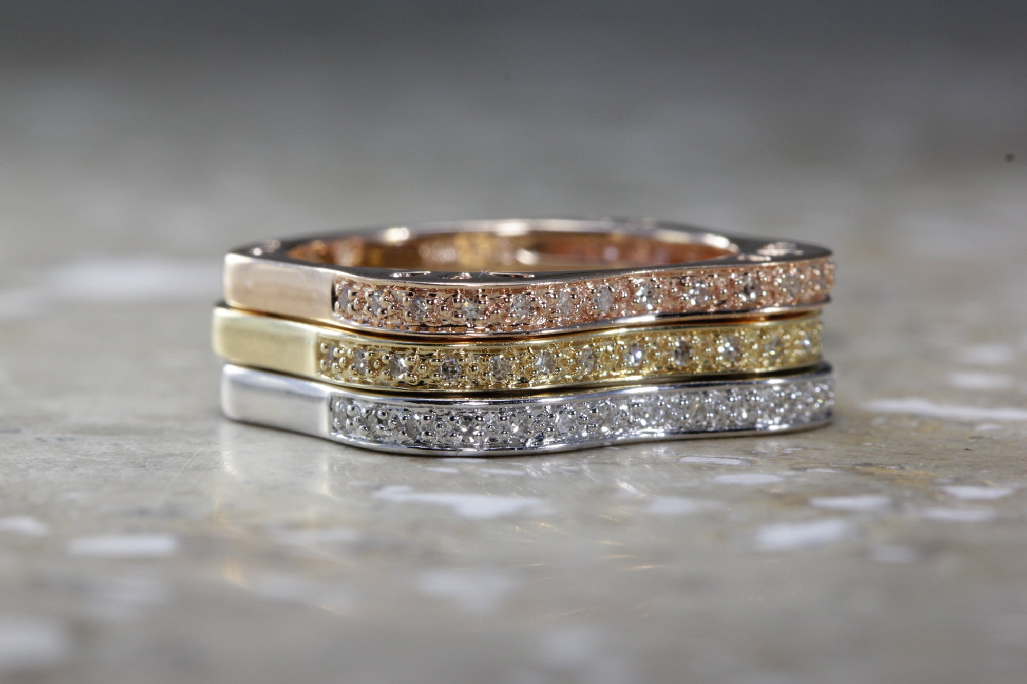 sold 14k GOLD DIAMOND RING WHITE YELLOW PINK TRI COLOR STACK-ABLE 3 PIECE