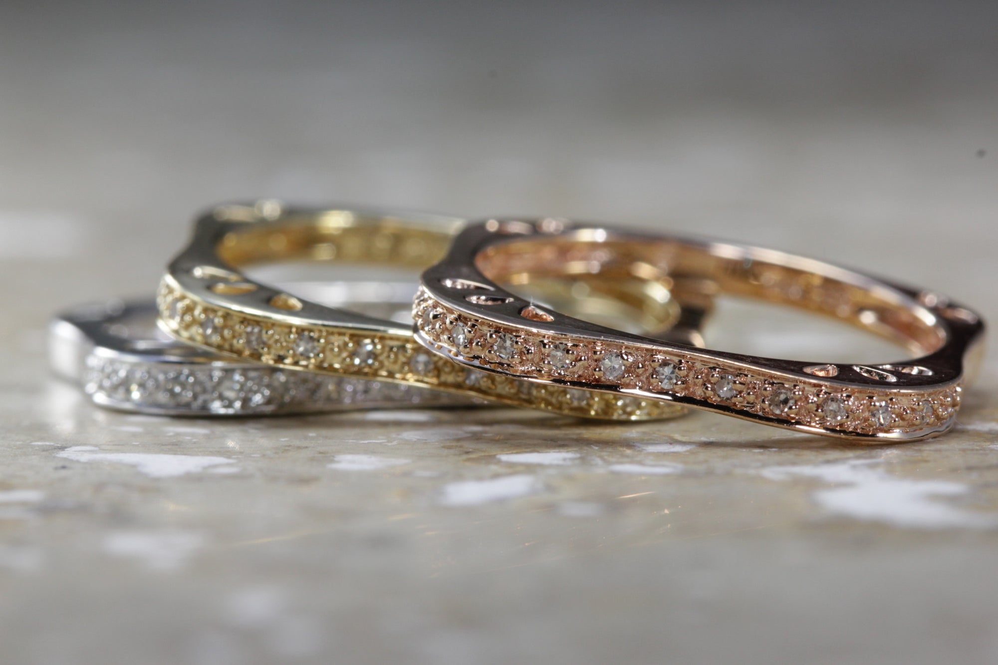 sold 14k GOLD DIAMOND RING WHITE YELLOW PINK TRI COLOR STACK-ABLE 3 PIECE