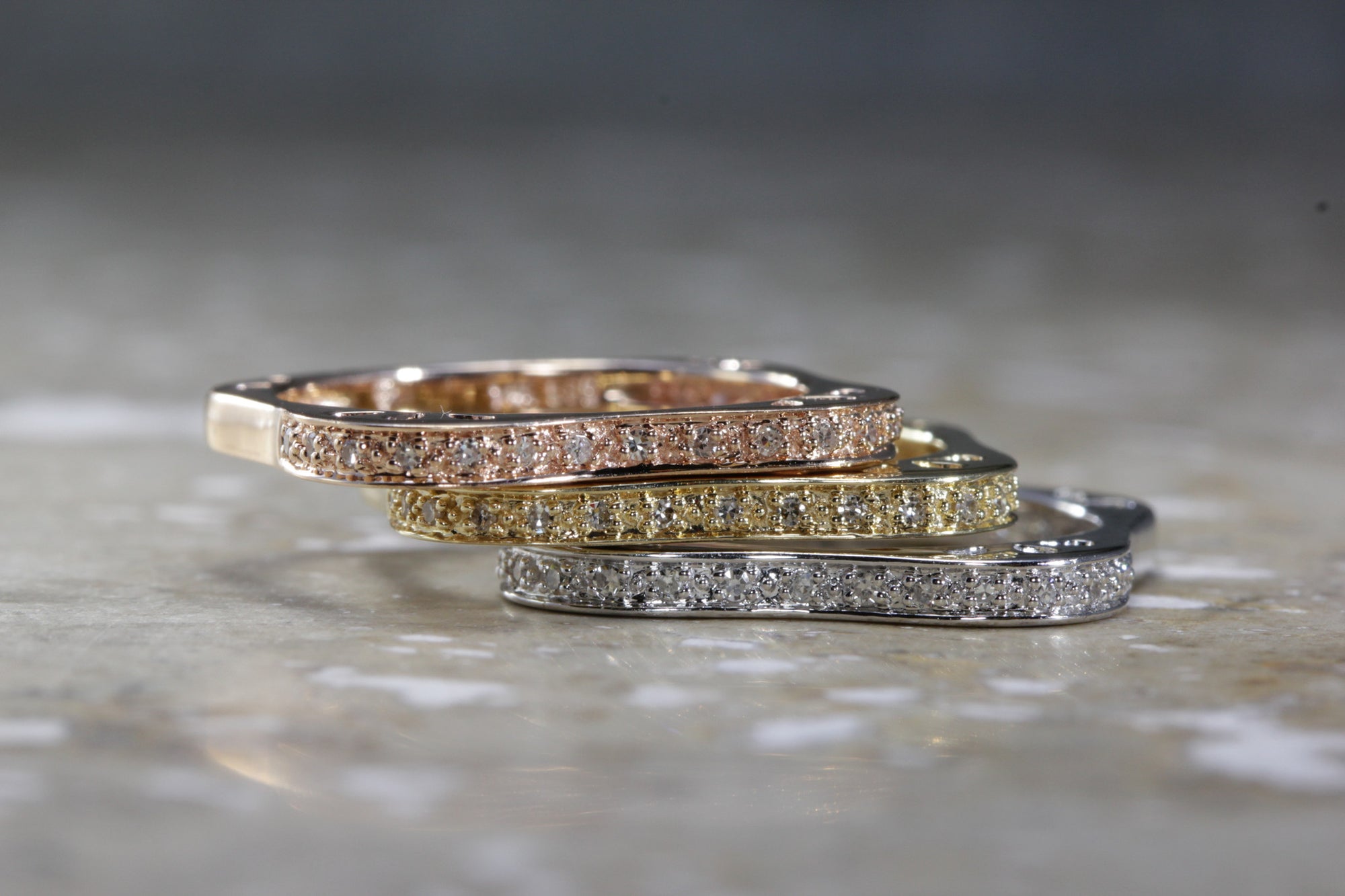 sold 14k GOLD DIAMOND RING WHITE YELLOW PINK TRI COLOR STACK-ABLE 3 PIECE
