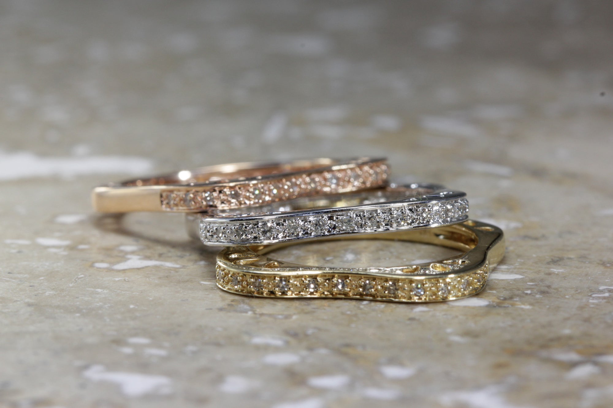 sold 14k GOLD DIAMOND RING WHITE YELLOW PINK TRI COLOR STACK-ABLE 3 PIECE