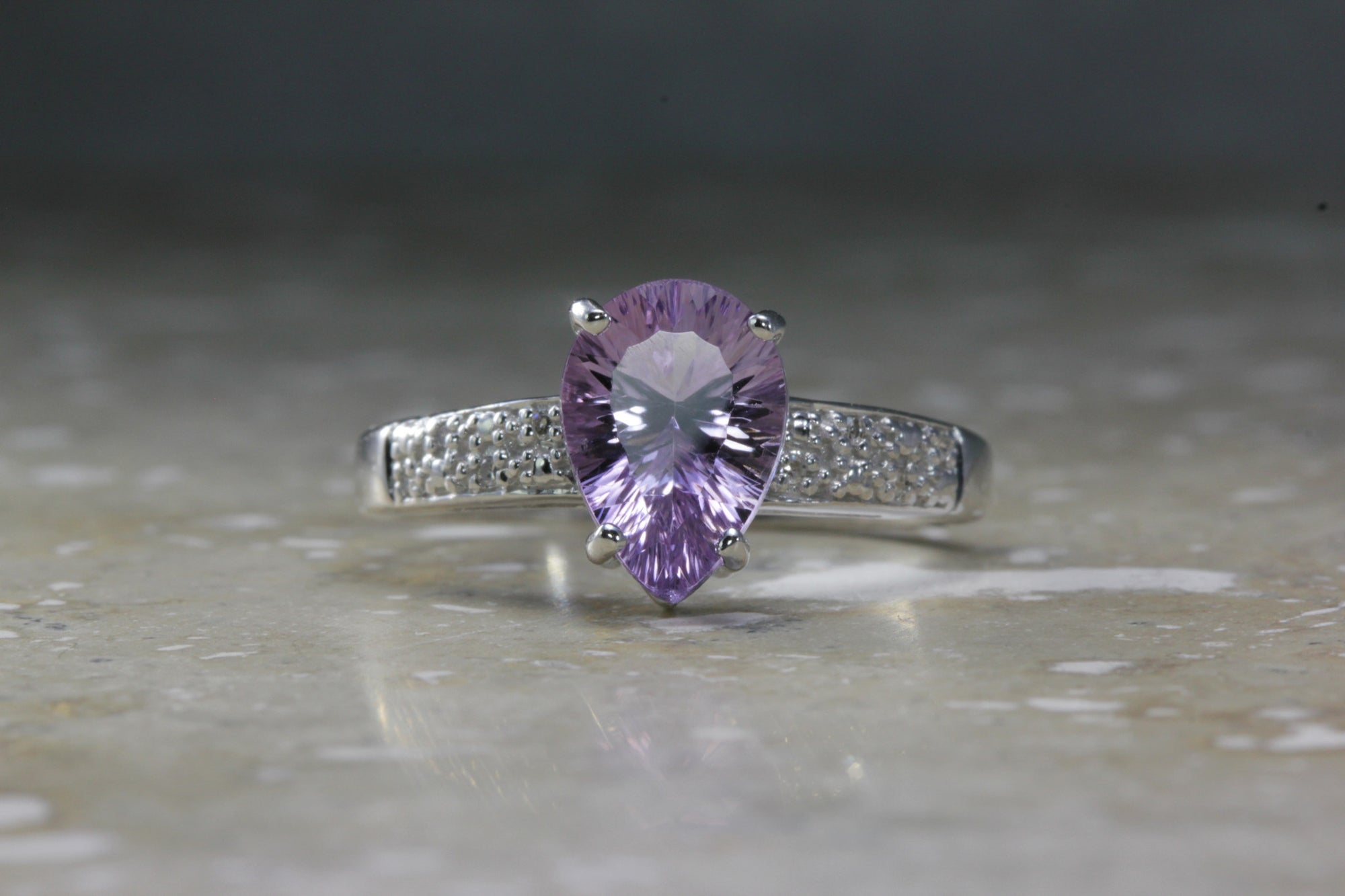 ANTIQUE 14K WHITE GOLD LADIES PEAR SHAPE AMETHYST DIAMOND RING 1.85CT