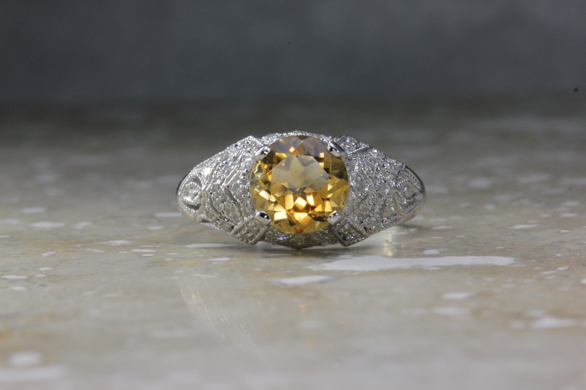 ANTIQUE 14k WHITE GOLD LADIES CITRINE & DIAMOND FILIGREE ART DECO RING 1.73CT