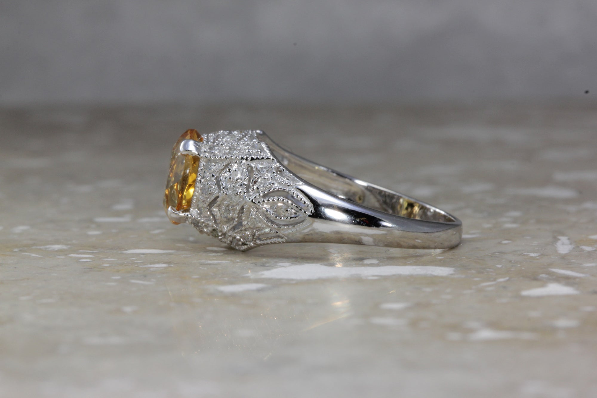 ANTIQUE 14k WHITE GOLD LADIES CITRINE & DIAMOND FILIGREE ART DECO RING 1.73CT
