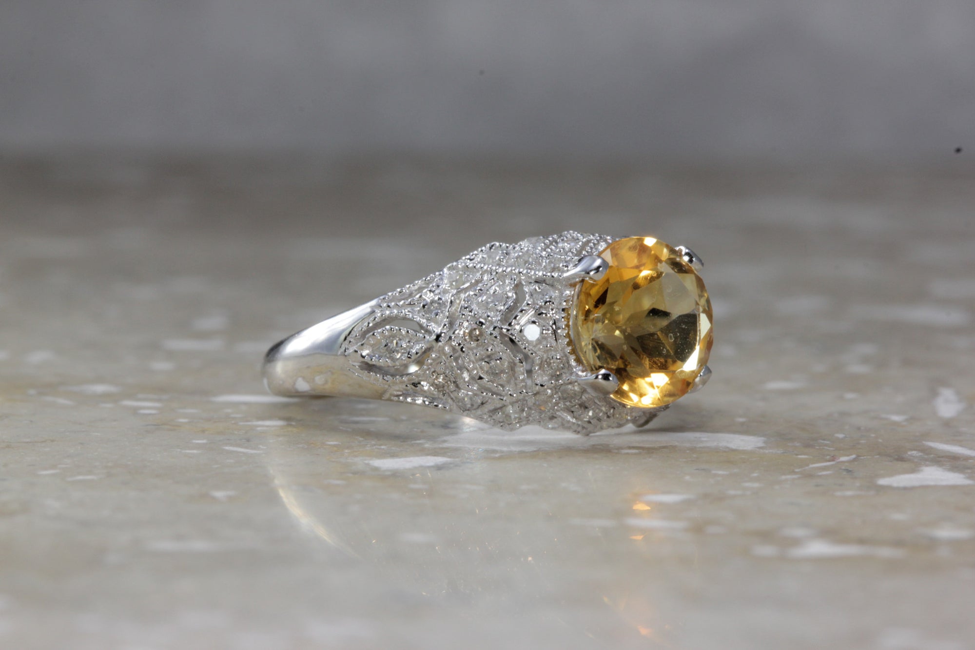 ANTIQUE 14k WHITE GOLD LADIES CITRINE & DIAMOND FILIGREE ART DECO RING 1.73CT