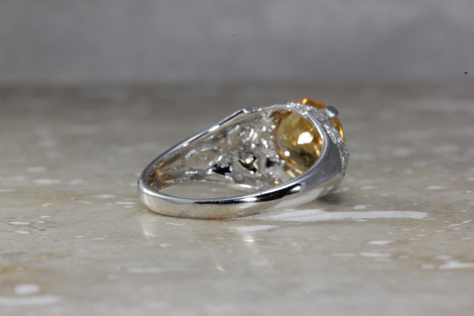 ANTIQUE 14k WHITE GOLD LADIES CITRINE & DIAMOND FILIGREE ART DECO RING 1.73CT