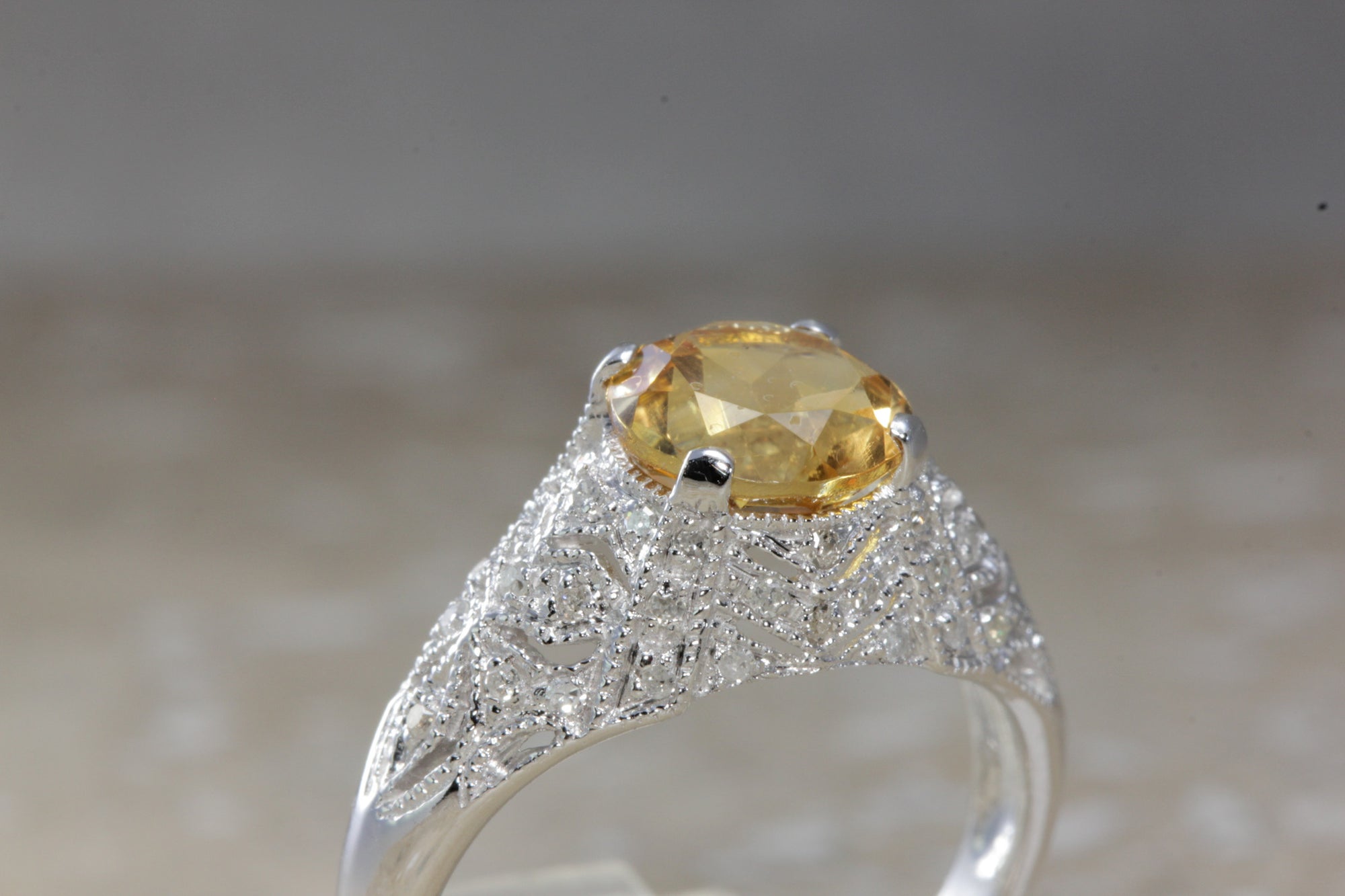 ANTIQUE 14k WHITE GOLD LADIES CITRINE & DIAMOND FILIGREE ART DECO RING 1.73CT