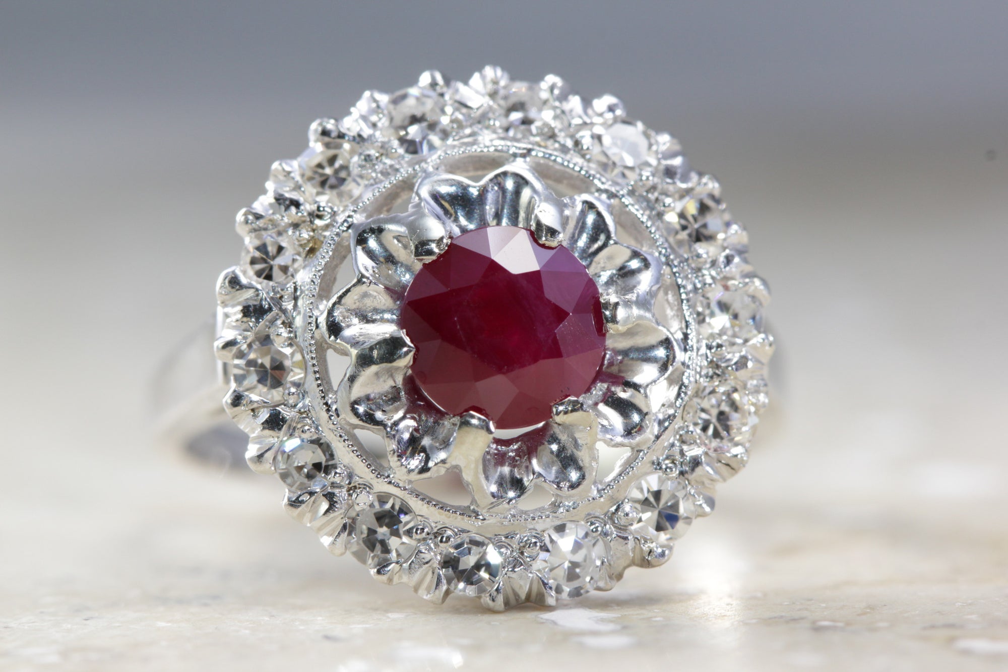 ANTIQUE 14K WHITE GOLD RUBY & DIAMOND HALO RING 1.00 CT RUBY