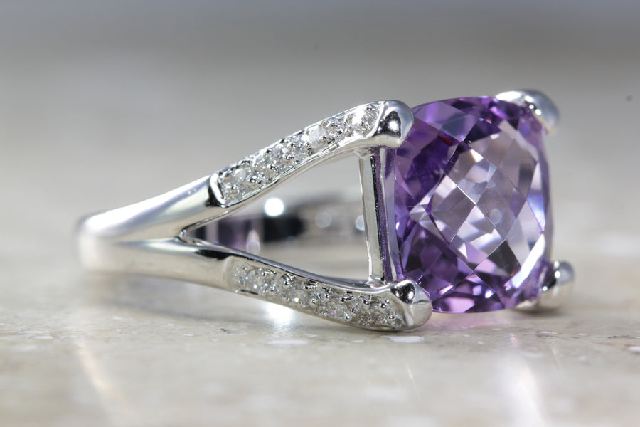 ANTIQUE 14K WHITE GOLD LADYS CHECKERBOARD SHAPE AMETHYST DIAMOND RING 5.35CT