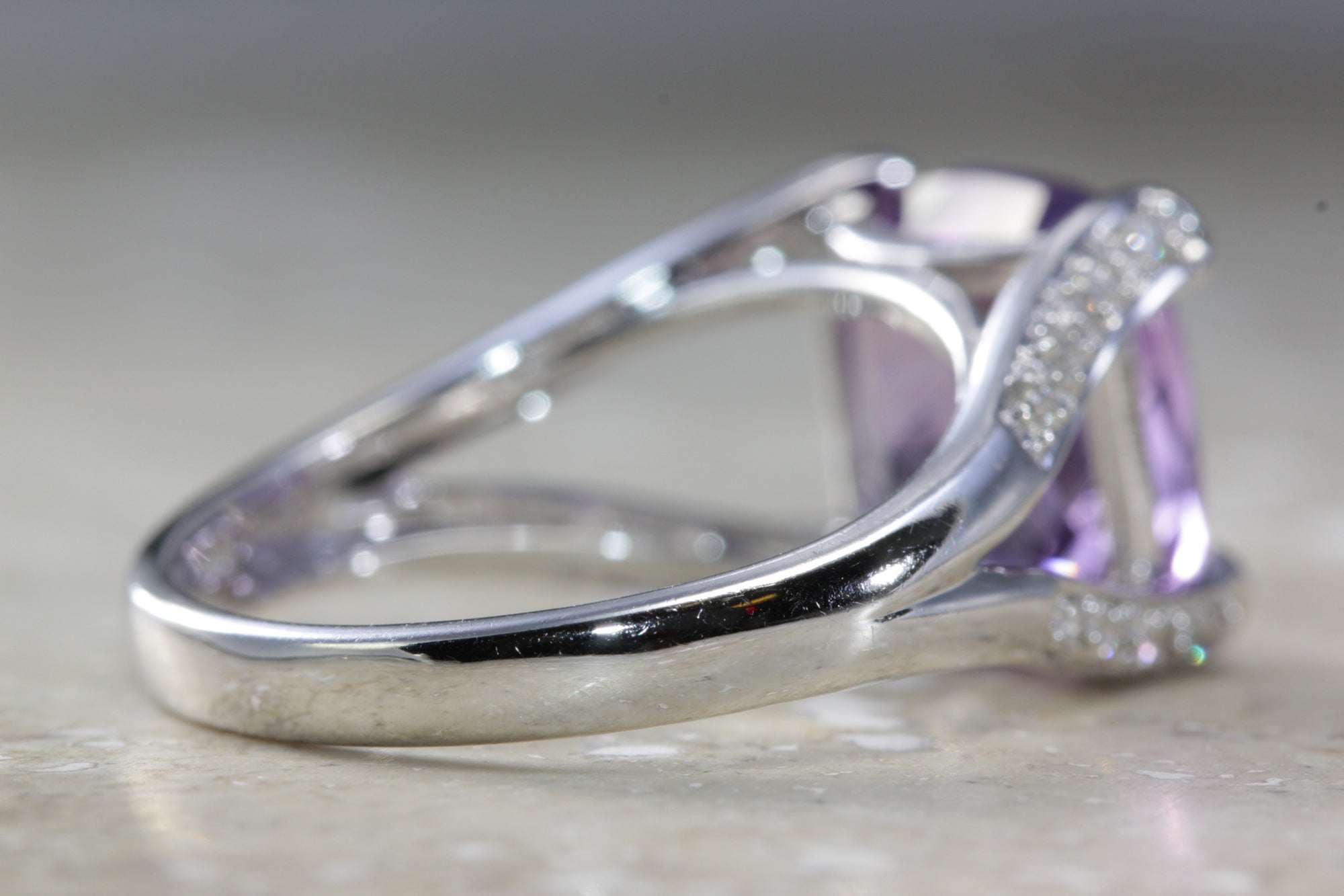 ANTIQUE 14K WHITE GOLD LADYS CHECKERBOARD SHAPE AMETHYST DIAMOND RING 5.35CT