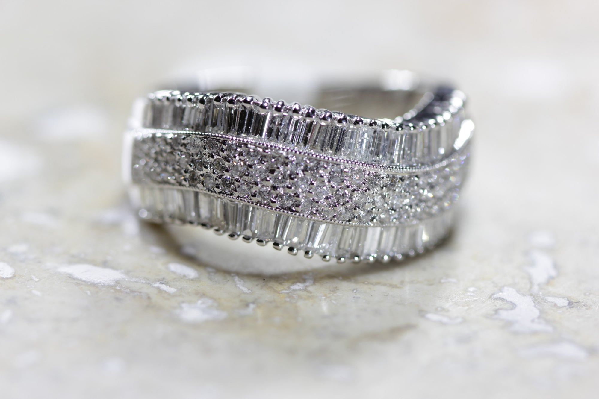 LADIES SWIRL DIAMOND WEDDING BAND ROUND AND BAGUETTES 14K W GOLD