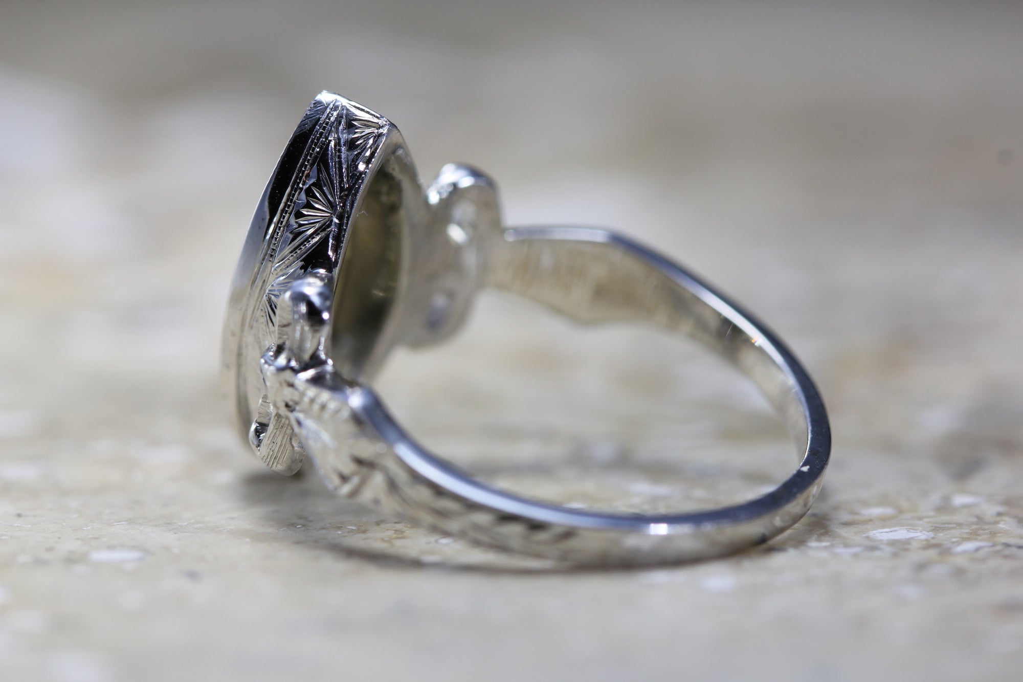 ANTIQUE MARQUISE SHAPE DIAMOND RING 14K W GOLD 1930's HAND ENGRAVED