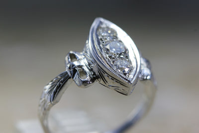 ANTIQUE MARQUISE SHAPE DIAMOND RING 14K W GOLD 1930's HAND ENGRAVED