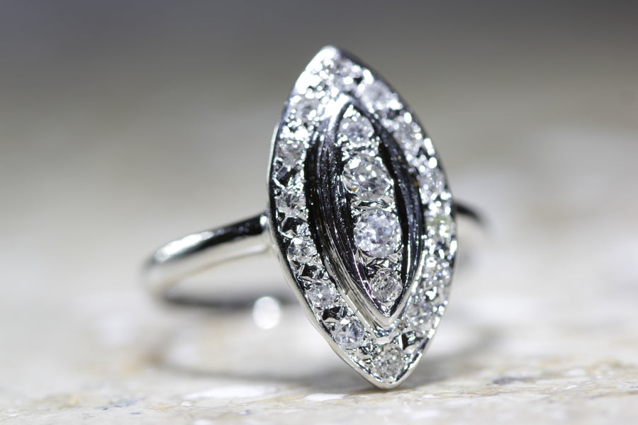 ANTIQUE ART DECO MARQUISE SHAPED COCKTAIL DIAMOND RING 14K W GOLD 1930's PAVE SET
