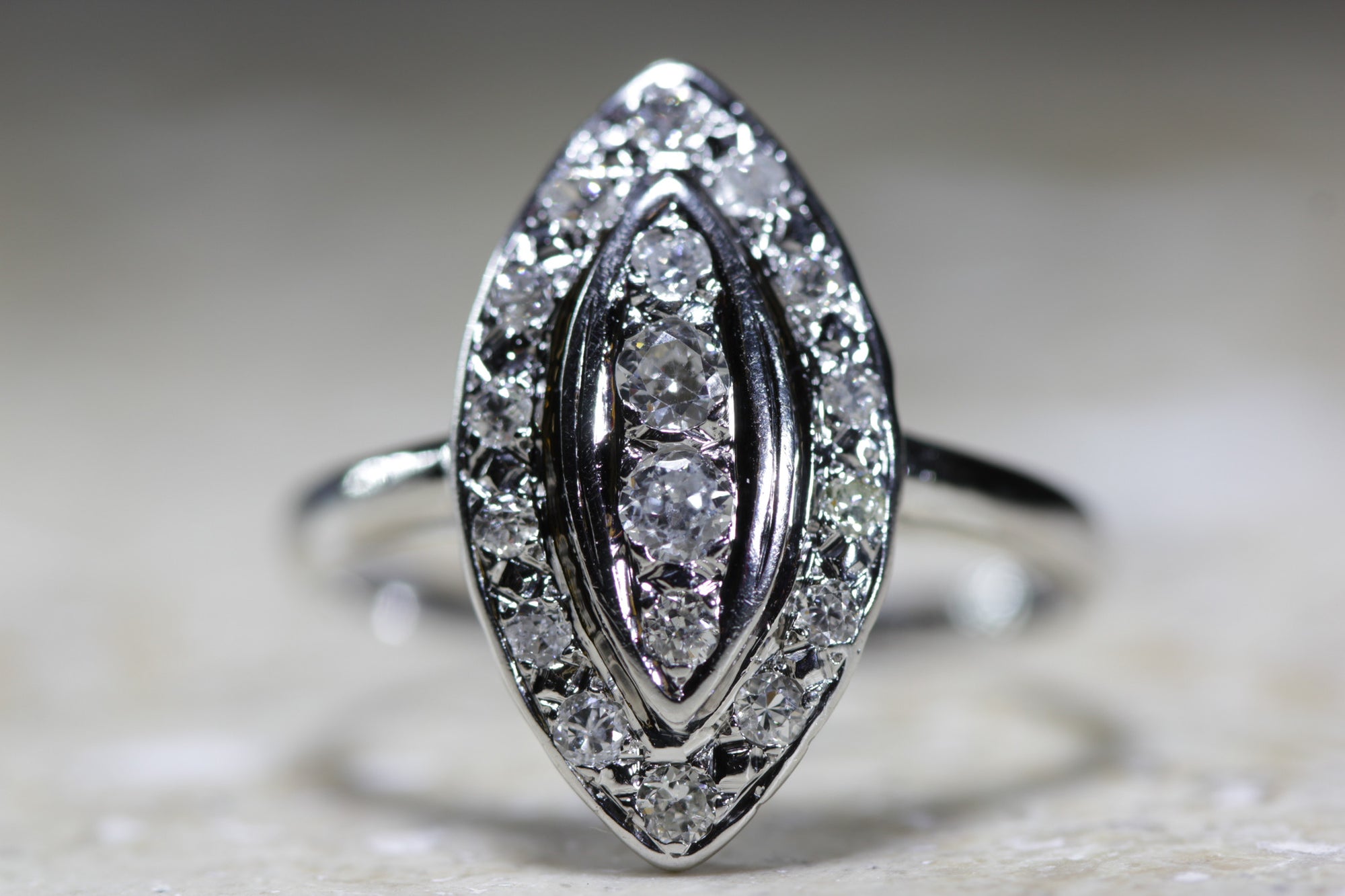 ANTIQUE ART DECO MARQUISE SHAPED COCKTAIL DIAMOND RING 14K W GOLD 1930's PAVE SET