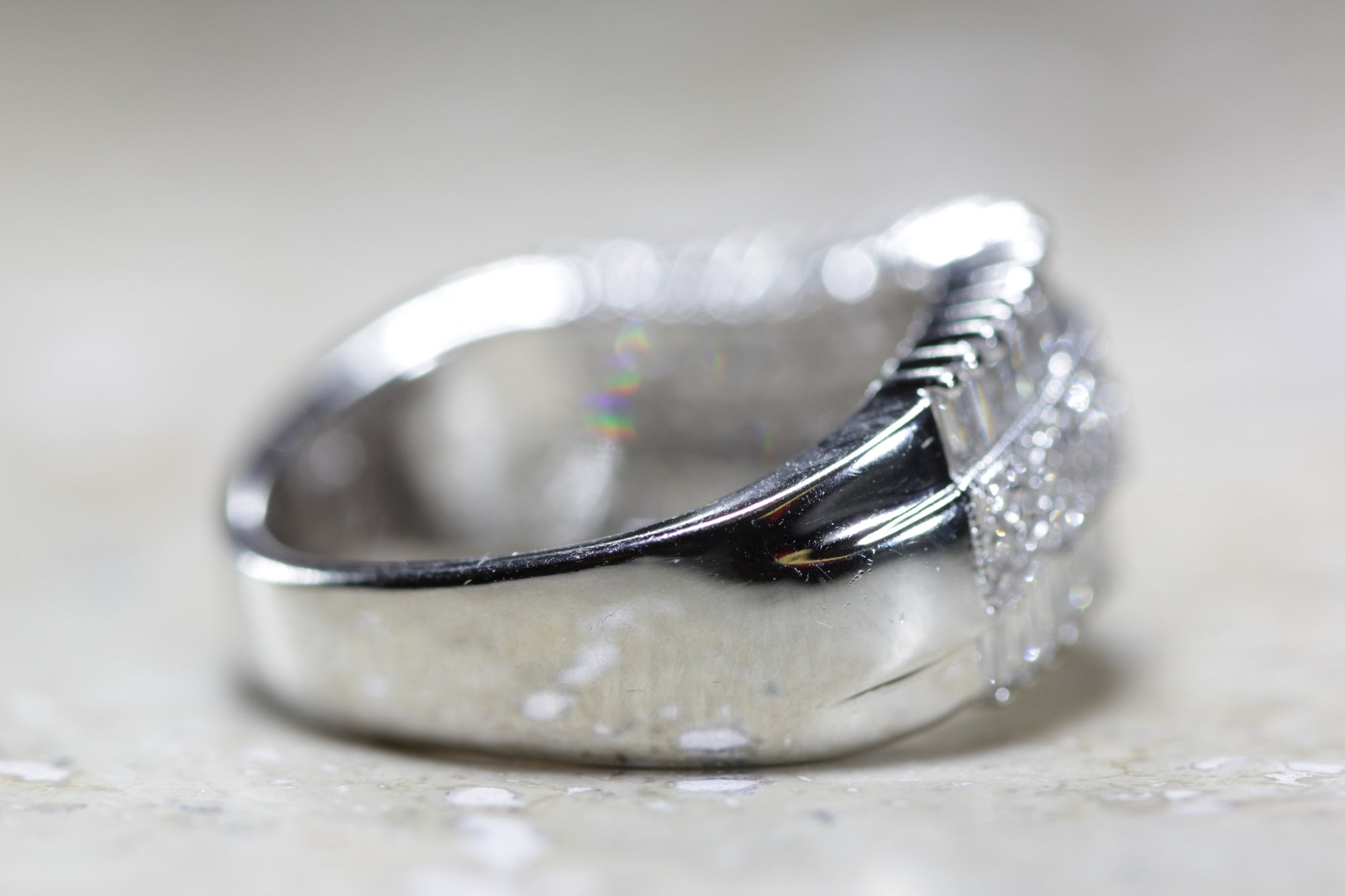 LADIES SWIRL DIAMOND WEDDING BAND ROUND AND BAGUETTES 14K W GOLD