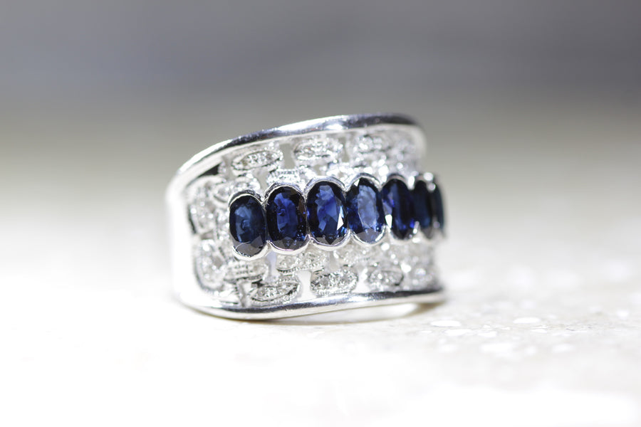 CLASSIC 14K WHITE GOLD SAPPHIRE & DIAMOND WIDE BAND RING FILIGREE 2.25 CTW