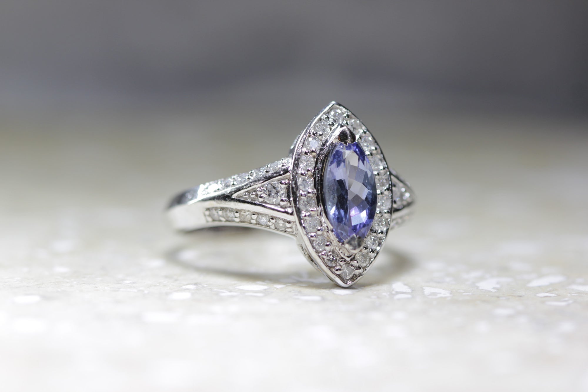 VINTAGE HALO MARQUISE 14K WHITE GOLD LADIES TANZANITE & DIAMOND ENGAGEMENT RING