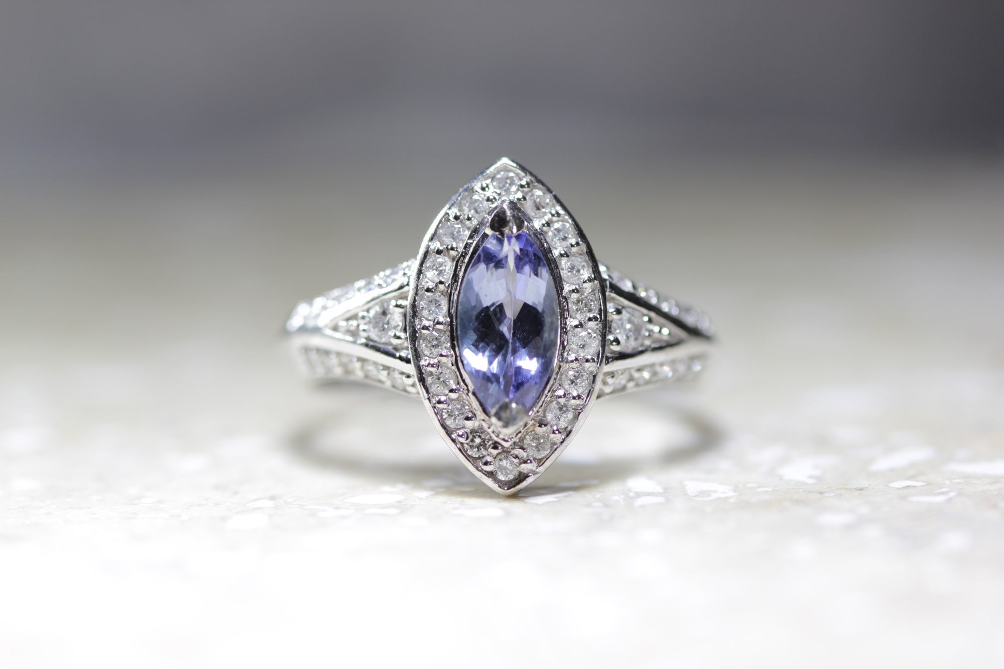 VINTAGE HALO MARQUISE 14K WHITE GOLD LADIES TANZANITE & DIAMOND ENGAGEMENT RING