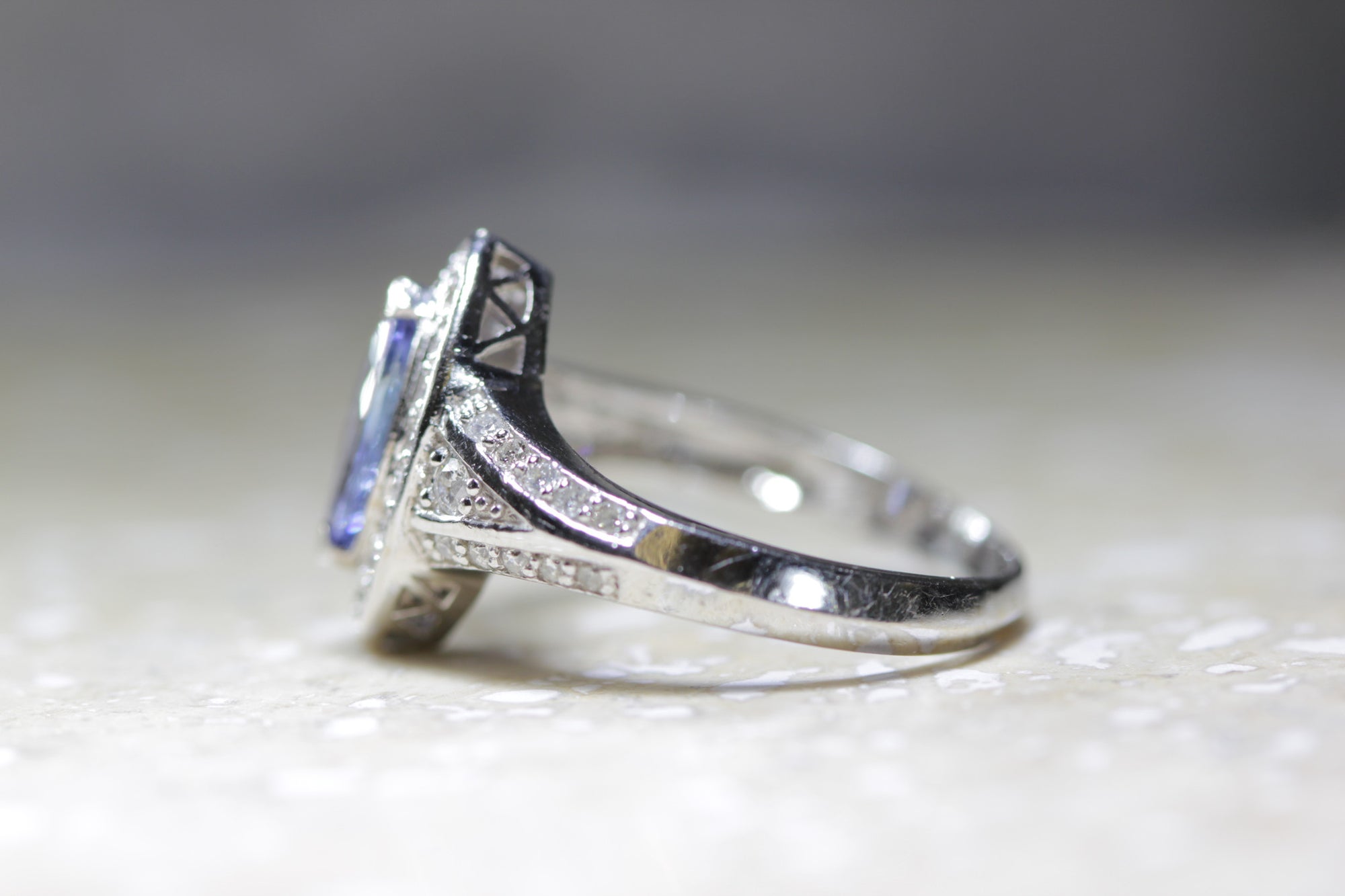 VINTAGE HALO MARQUISE 14K WHITE GOLD LADIES TANZANITE & DIAMOND ENGAGEMENT RING