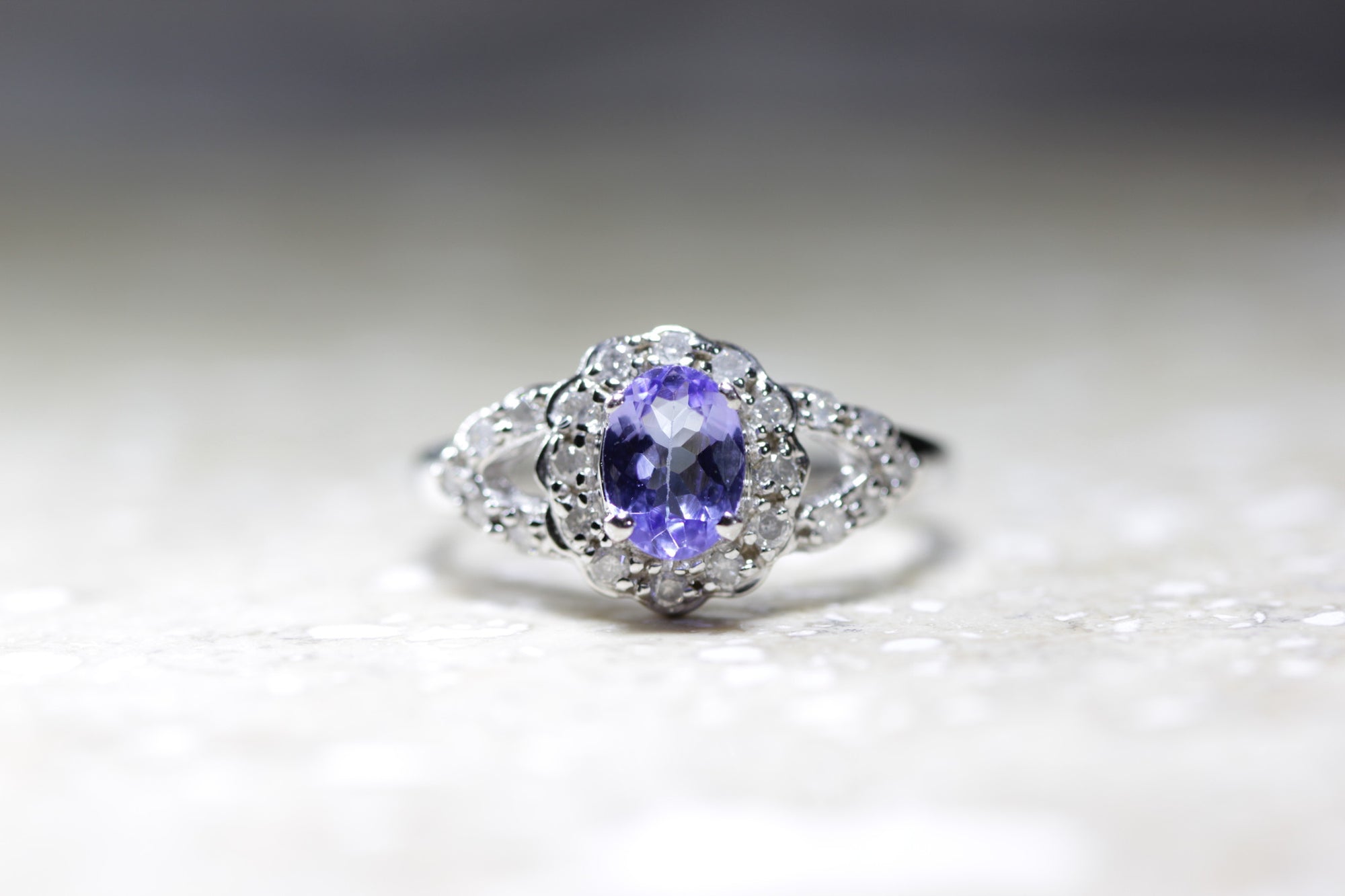 HALO OVAL SHAPE 14K WHITE GOLD LADIES TANZANITE & DIAMOND RING