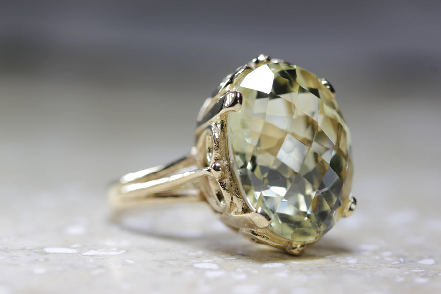 ANTIQUE 14k YELLOW GOLD LEMON QUARTZ CHECKERBOARD RING LADIES