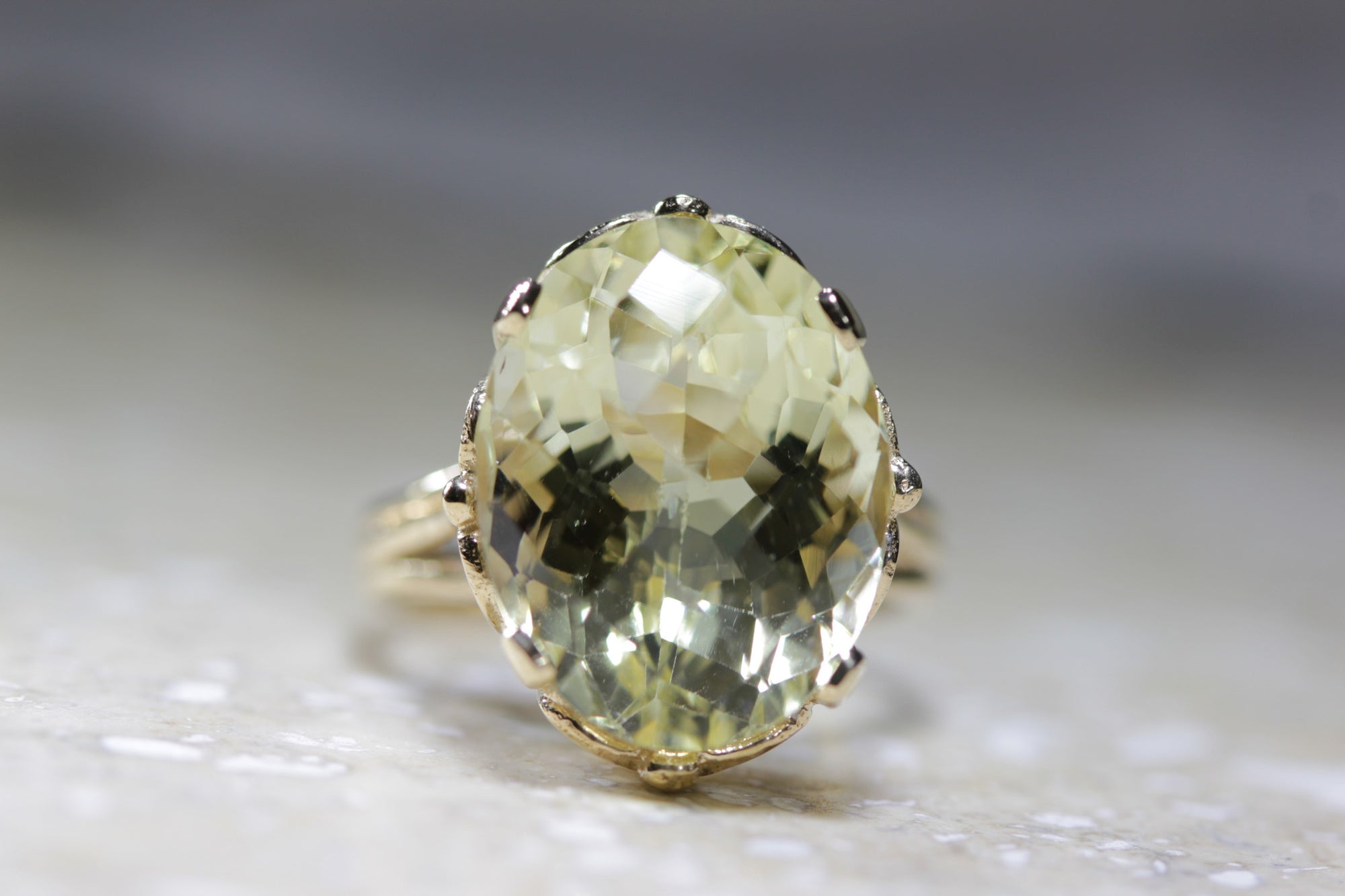 ANTIQUE 14k YELLOW GOLD LEMON QUARTZ CHECKERBOARD RING LADIES