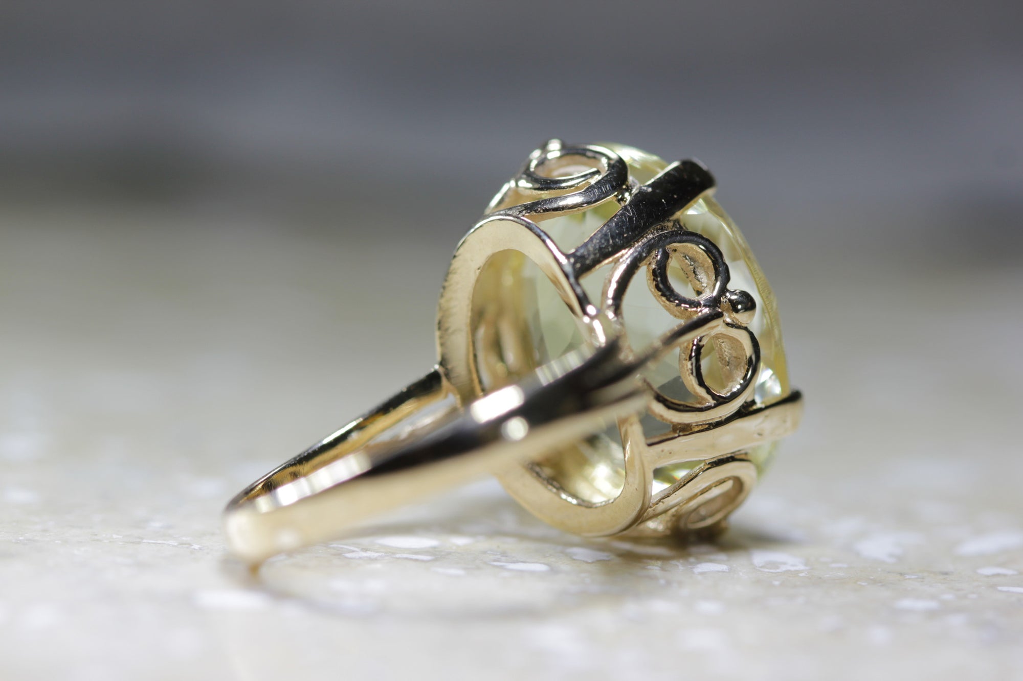 ANTIQUE 14k YELLOW GOLD LEMON QUARTZ CHECKERBOARD RING LADIES