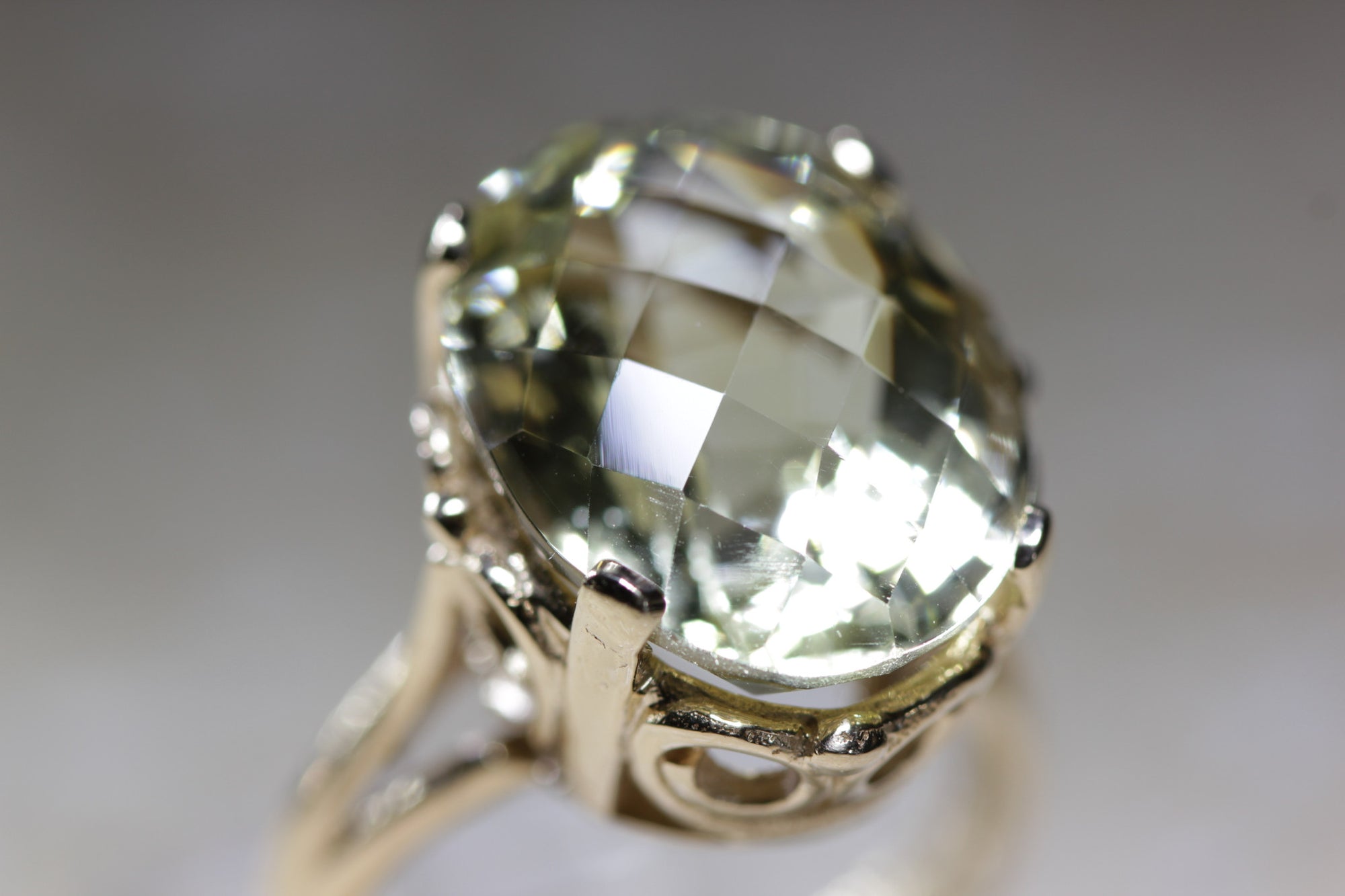 ANTIQUE 14k YELLOW GOLD LEMON QUARTZ CHECKERBOARD RING LADIES