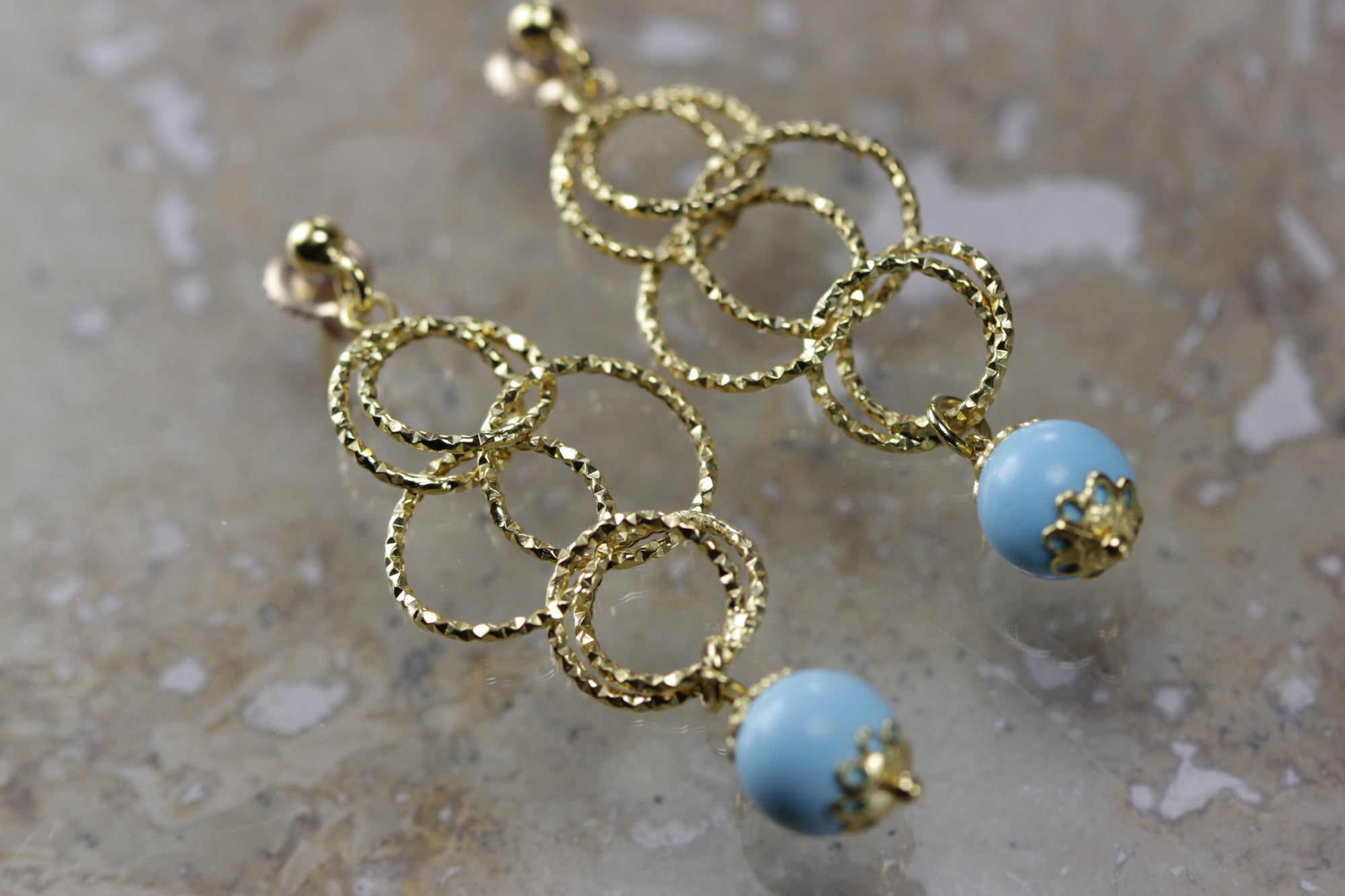 sold 14K GOLD EARRING TURQUOISE DANGLING HANGING FLEXIBLE HOOP