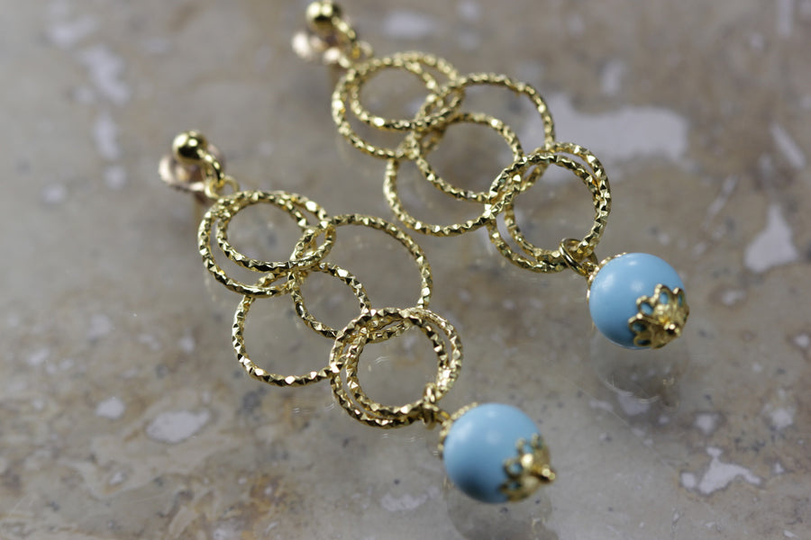 sold 14K GOLD EARRING TURQUOISE DANGLING HANGING FLEXIBLE HOOP