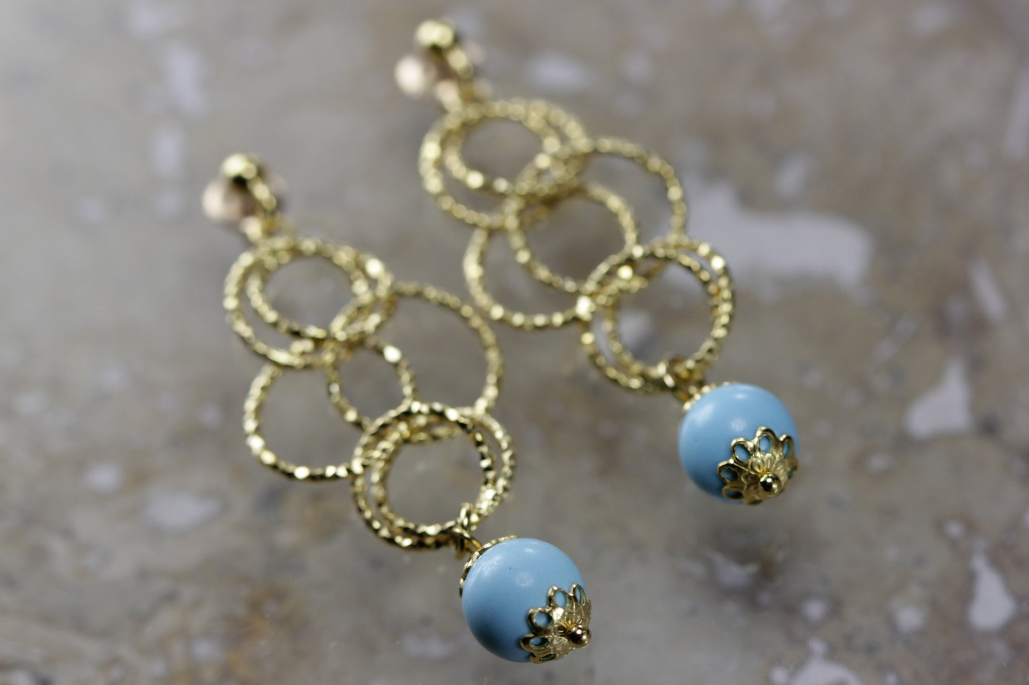 sold 14K GOLD EARRING TURQUOISE DANGLING HANGING FLEXIBLE HOOP