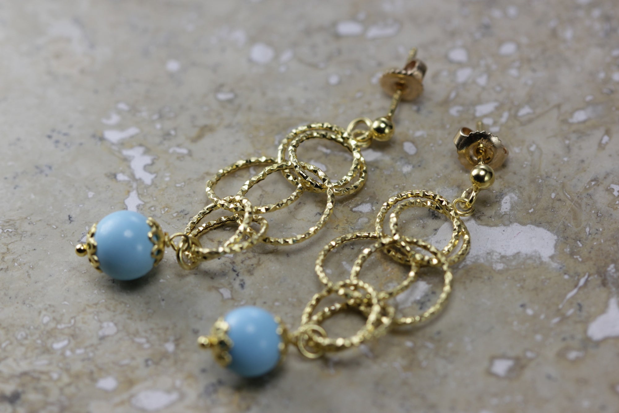 sold 14K GOLD EARRING TURQUOISE DANGLING HANGING FLEXIBLE HOOP