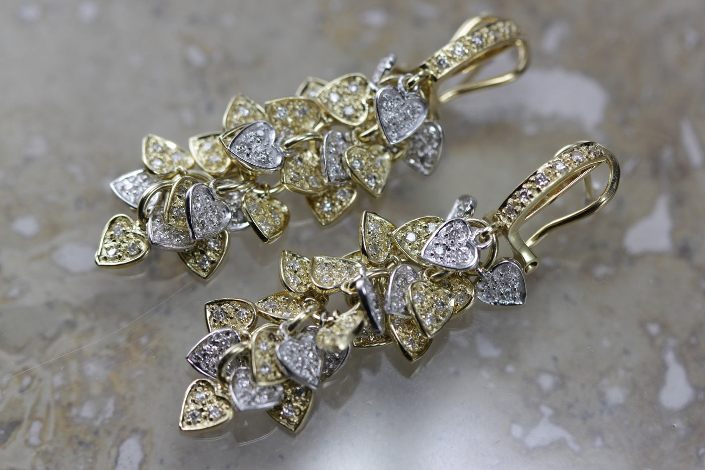 sold 14K GOLD EARRING HEART DIAMOND DANGLING HANGING FLEXIBLE 1.75CT TWO-TONE