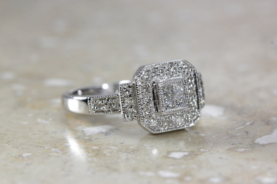 14k WHITE GOLD LADIES DIAMOND RING  PRINCESS AND ROUND