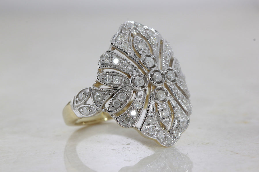 ANTIQUE ART DECO DINNER RING FILIGREE DIAMOND 14k WHITE & YELLOW GOLD 1930's
