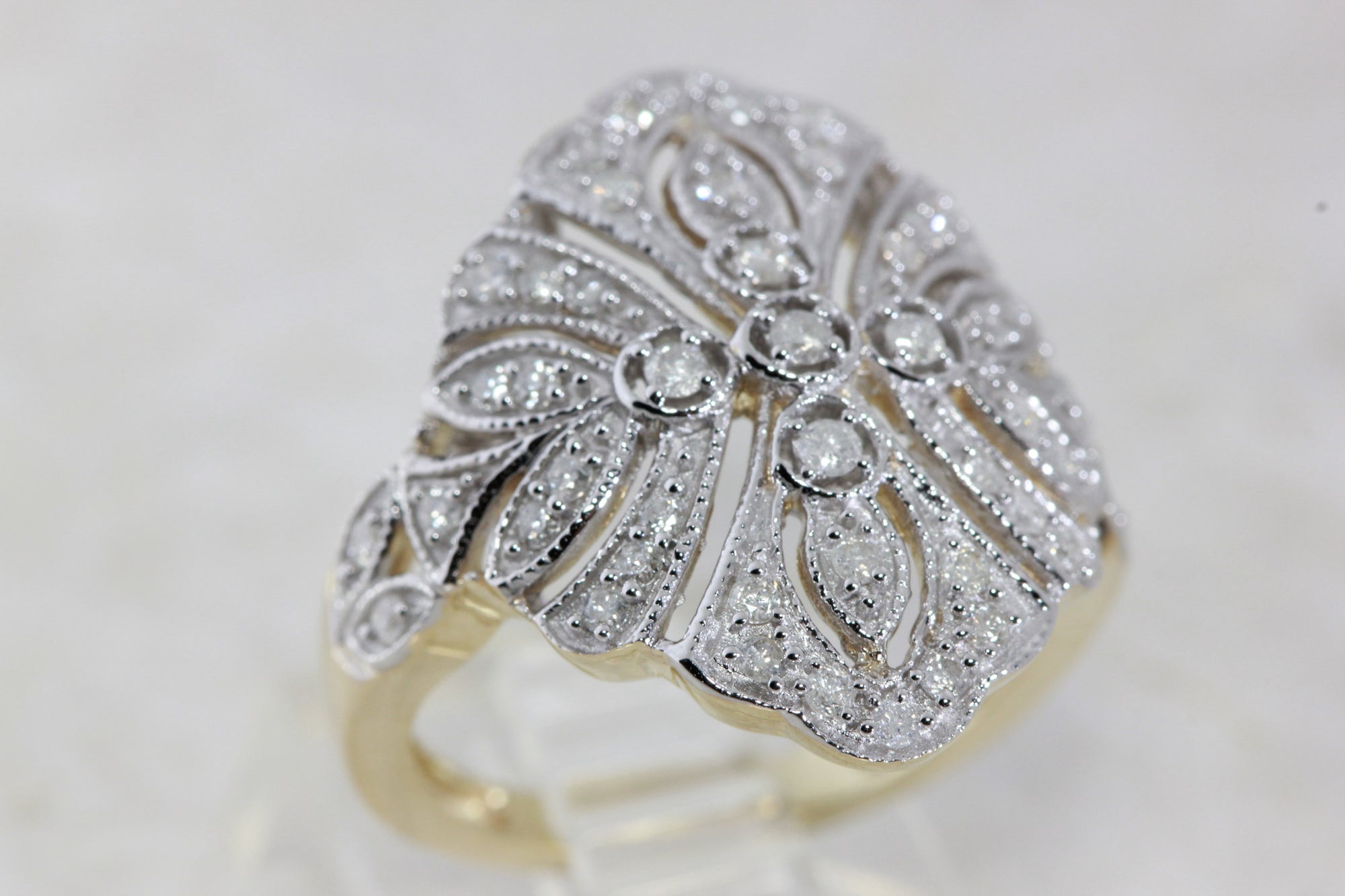 ANTIQUE ART DECO DINNER RING FILIGREE DIAMOND 14k WHITE & YELLOW GOLD 1930's