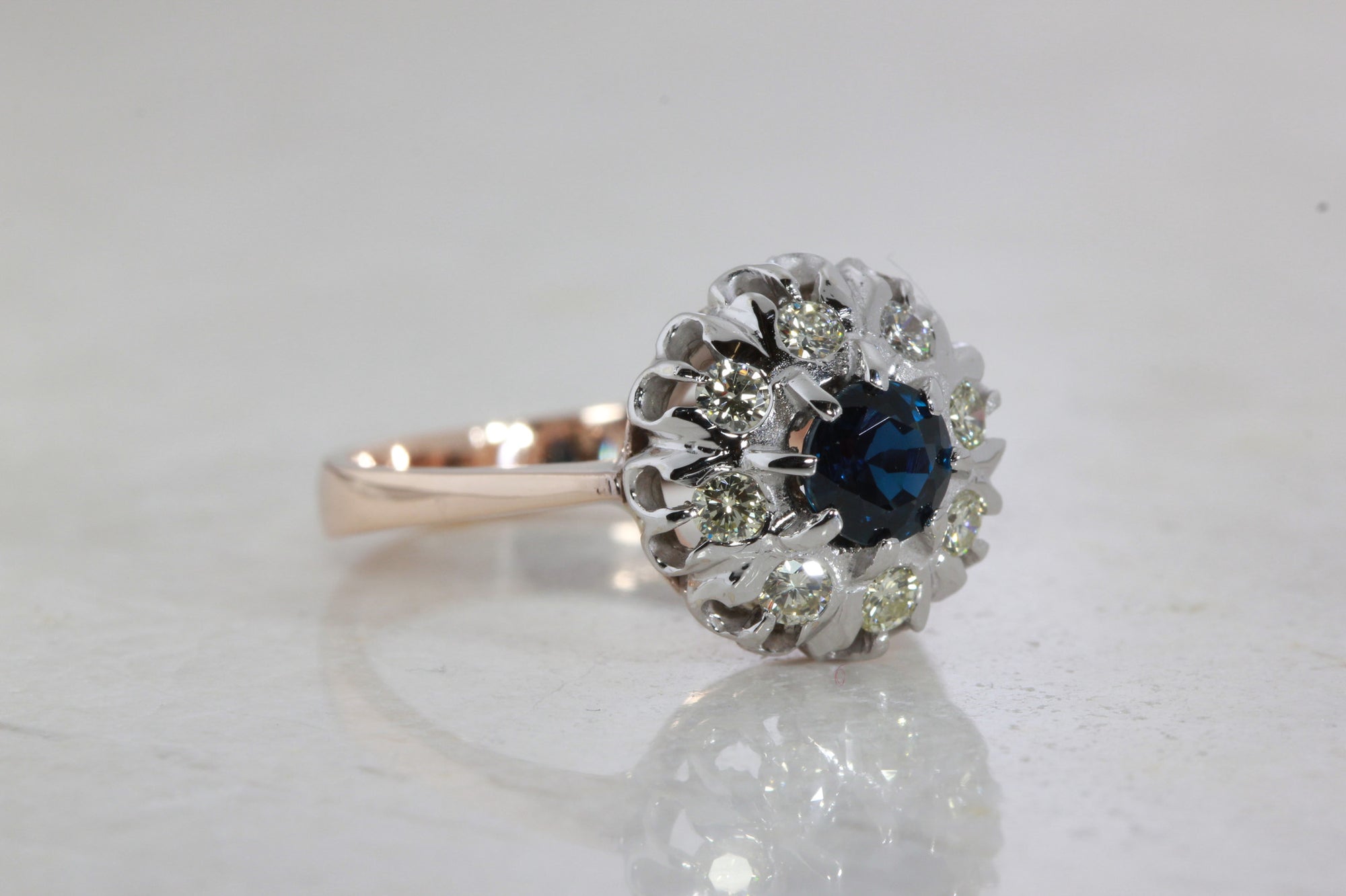 ANTIQUE VICTORIAN 14k WHITE & PINK GOLD SAPPHIRE & DIAMOND RING