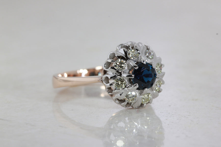 ANTIQUE VICTORIAN 14k WHITE & PINK GOLD SAPPHIRE & DIAMOND RING