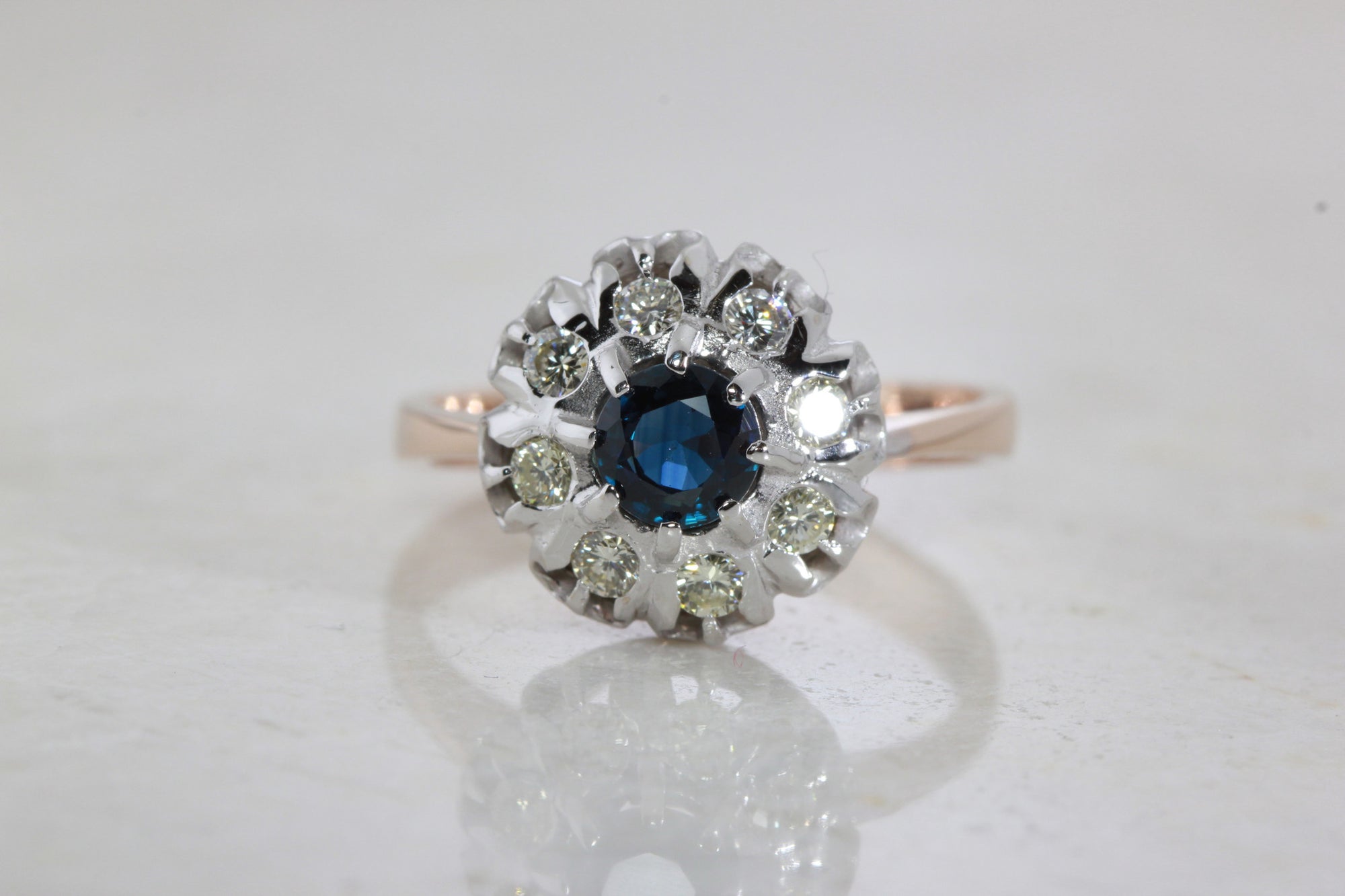 ANTIQUE VICTORIAN 14k WHITE & PINK GOLD SAPPHIRE & DIAMOND RING